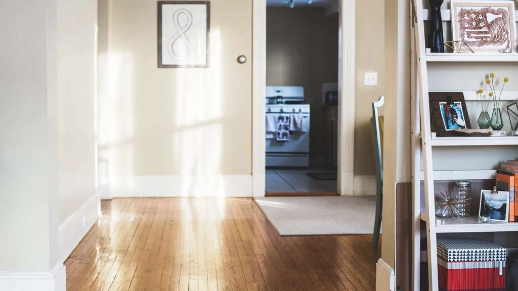 Bright apartment interior with wooden floors, suited to plug-in smart devices