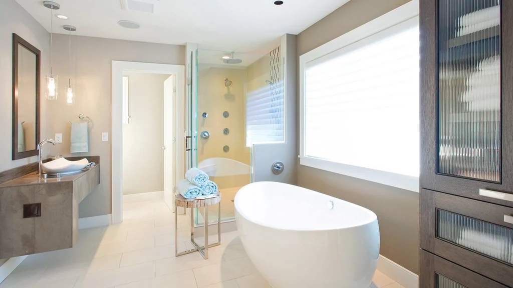 Modern bathroom with a bath and large window