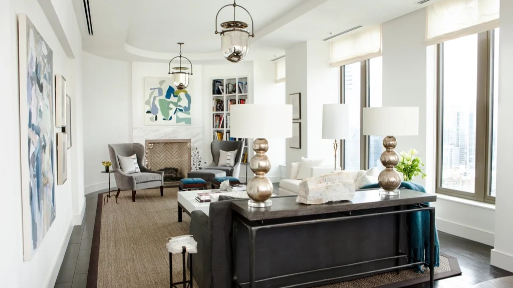 Rented apartment living room with lamps and furniture but no wiring changes