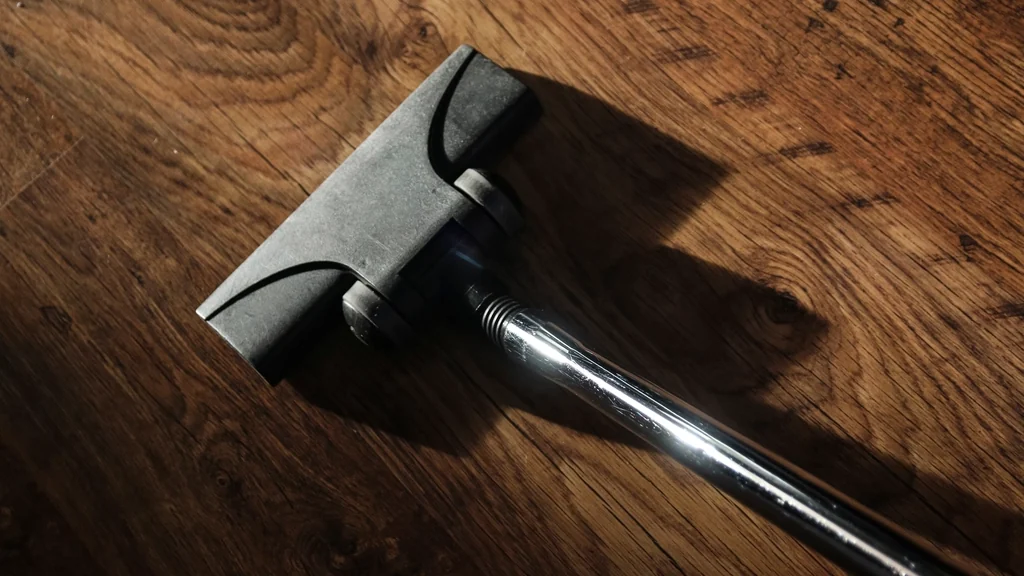 Vacuum head on a dark hardwood floor